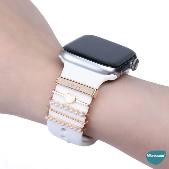 Microsonic Apple Watch SE 2022 40mm Kordon Süsü Charm İnci Kalp Gümüş 5