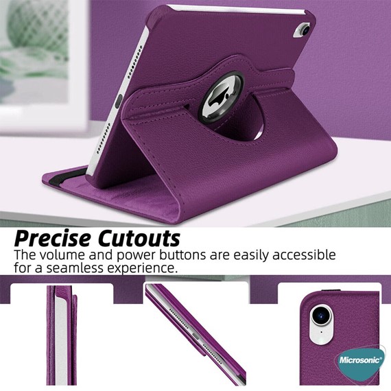 Microsonic Apple iPad Mini 7 Kılıf A2993-A2995 360 Rotating Stand Deri Mor 3