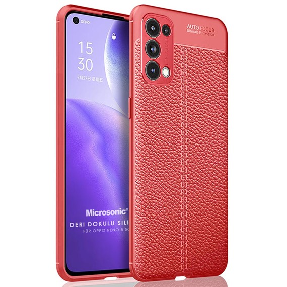 Microsonic Oppo Reno 5 5G Kılıf Deri Dokulu Silikon Kırmızı 1