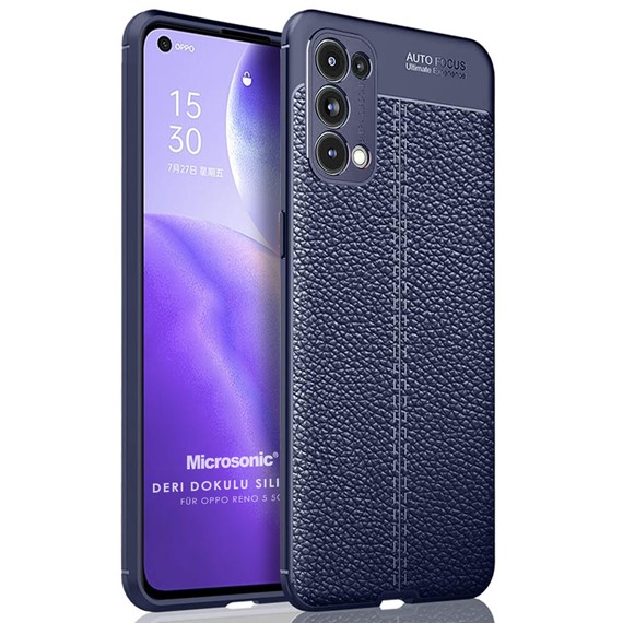 Microsonic Oppo Reno 5 5G Kılıf Deri Dokulu Silikon Lacivert 1