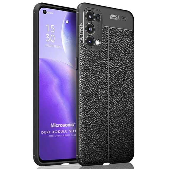 Microsonic Oppo Reno 5 5G Kılıf Deri Dokulu Silikon Siyah 1