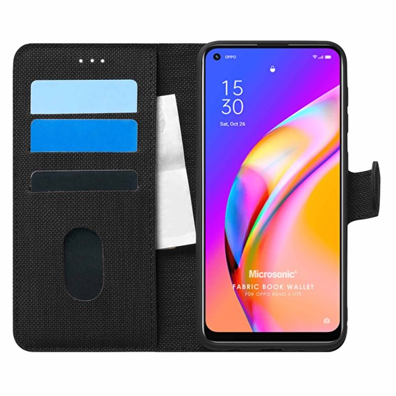 Microsonic Oppo Reno 5 Lite Kılıf Fabric Book Wallet Siyah 1