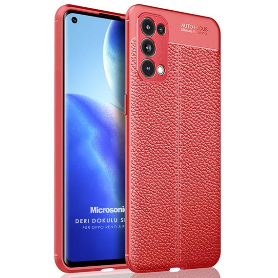 Microsonic Oppo Reno 5 Pro 5G Kılıf Deri Dokulu Silikon Kırmızı 1