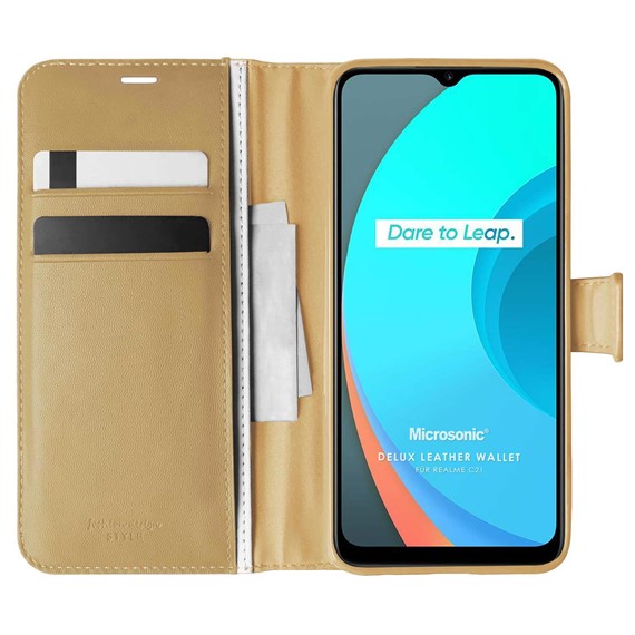 Microsonic Realme C21 Kılıf Delux Leather Wallet Gold 1