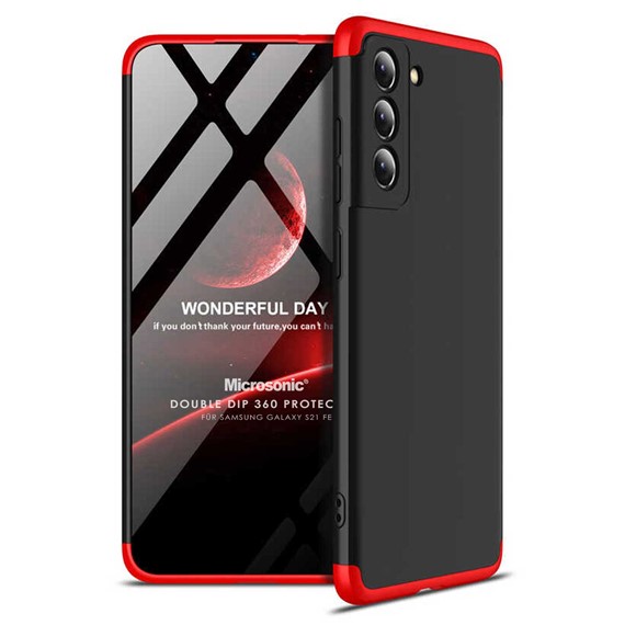 Microsonic Samsung Galaxy S21 FE Kılıf Double Dip 360 Protective Siyah Kırmızı 1