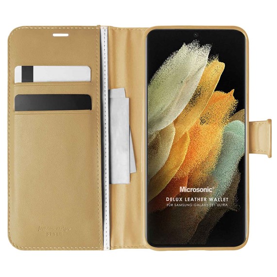 Microsonic Samsung Galaxy S21 Ultra Kılıf Delux Leather Wallet Gold 1