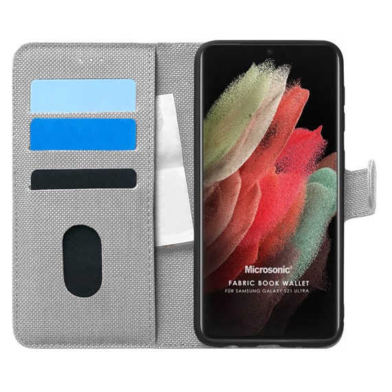 Microsonic Samsung Galaxy S21 Ultra Kılıf Fabric Book Wallet Gri 1