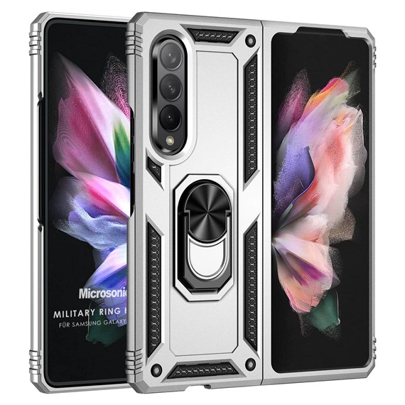 Microsonic Samsung Galaxy Z Fold 3 Kılıf Military Ring Holder Gümüş 1