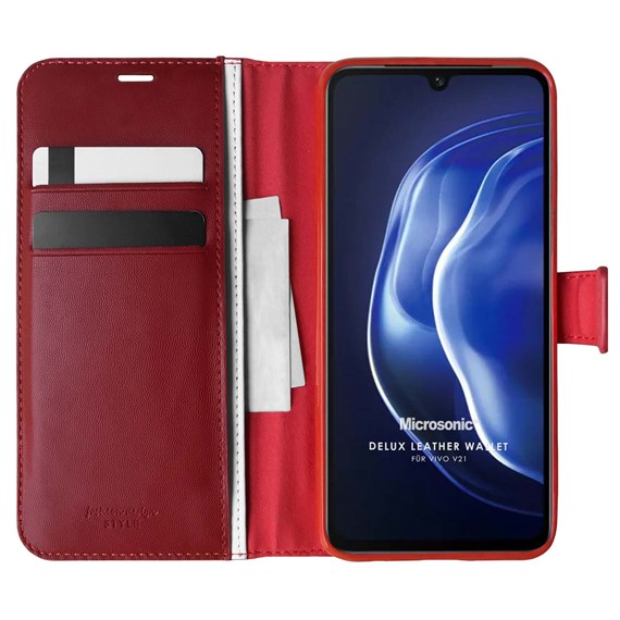 Microsonic Vivo V21 Kılıf Delux Leather Wallet Kırmızı 1