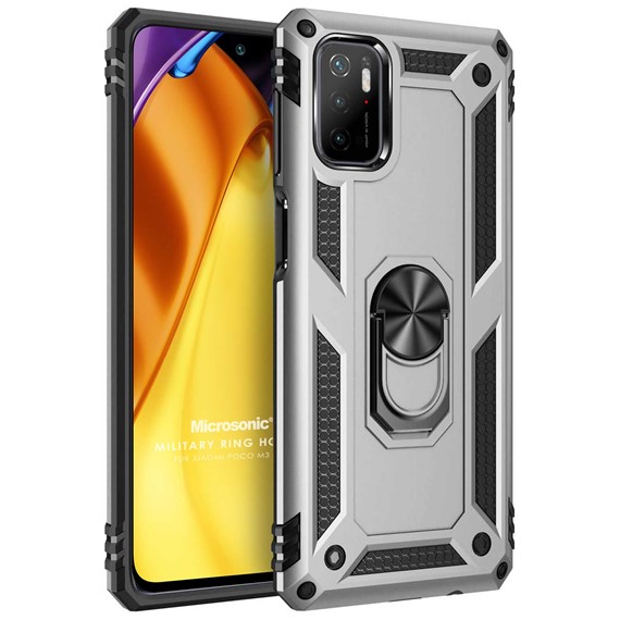 Microsonic Xiaomi Poco M3 Pro Kılıf Military Ring Holder Gümüş 1