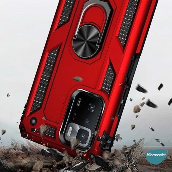 Microsonic Xiaomi Poco X3 GT Kılıf Military Ring Holder Kırmızı 5