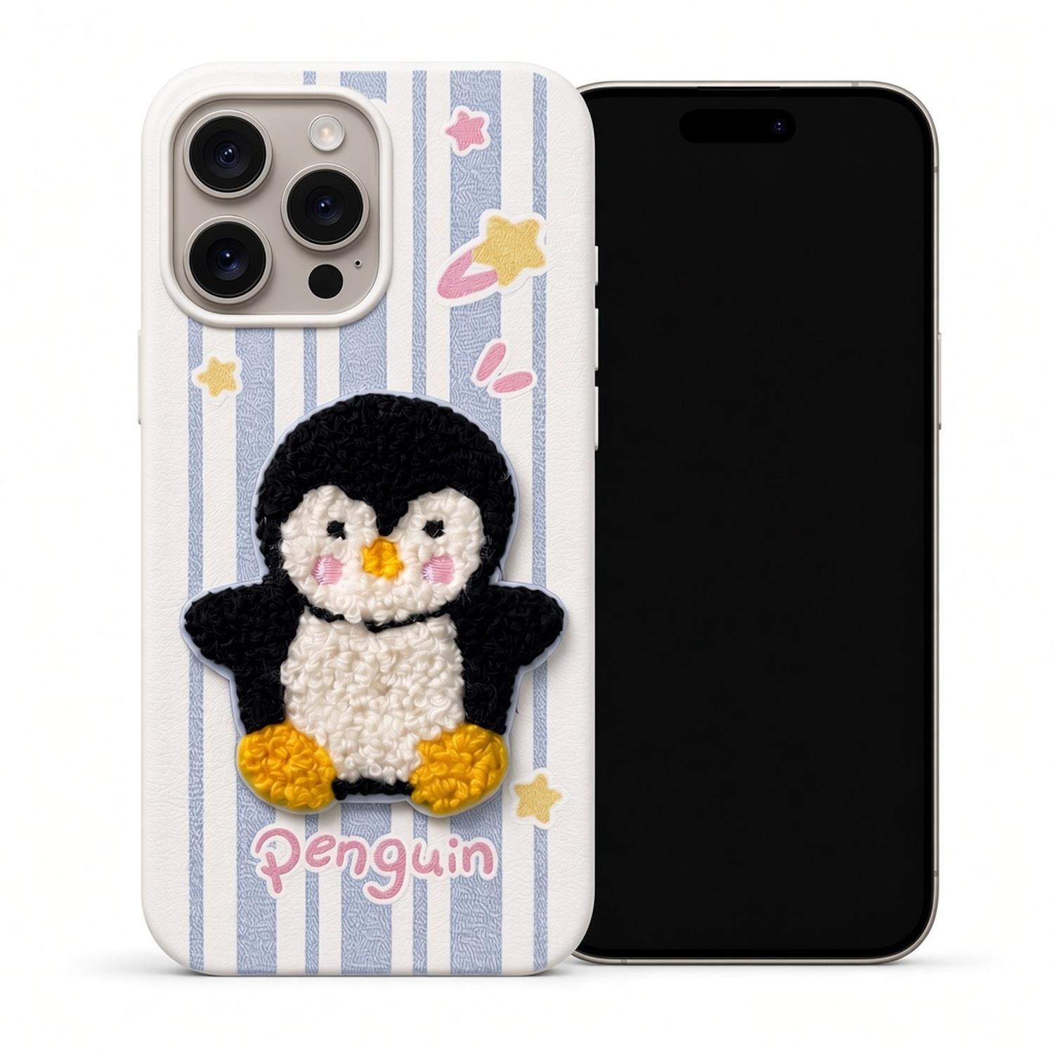 Microsonic Apple iPhone 16 Pro Kılıf Stitched Puppy Plush Çizgili Penguen