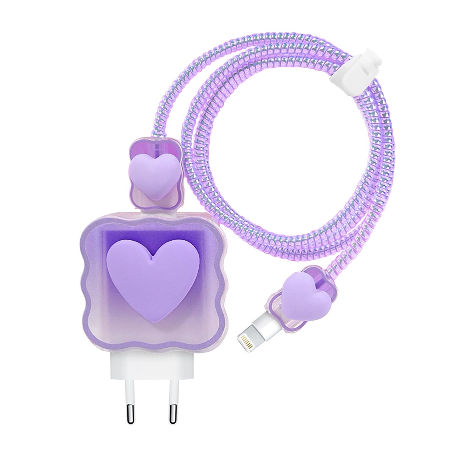 Microsonic Apple iPhone Kablo Koruyucu ve Şarj Adaptör Kılıf Süslü Kalp Desenli Lila