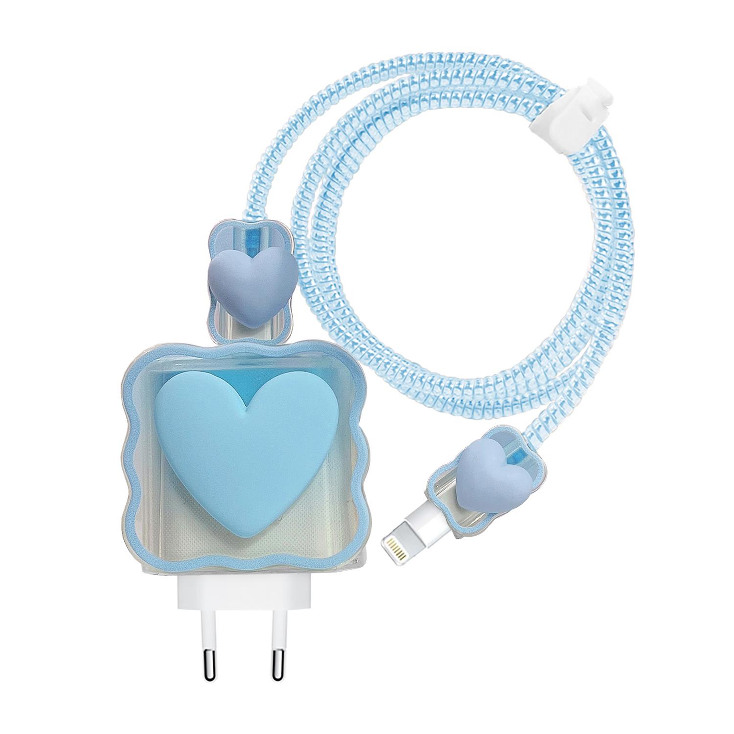 Microsonic Apple iPhone Kablo Koruyucu ve Şarj Adaptör Kılıf Süslü Kalp Desenli Mavi